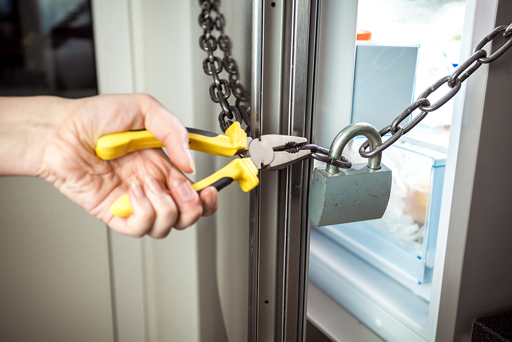 photo of woman cutting chain on fridge with pliers