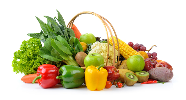 vegetables and fruits on white background