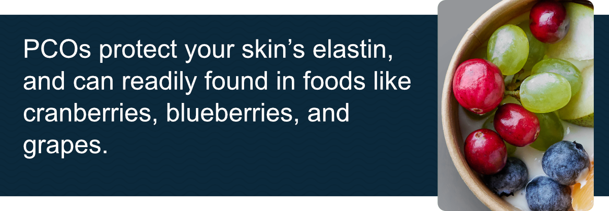 PCOs protect your skin’s elastin, and can readily found in foods like cranberries, blueberries, and grapes.