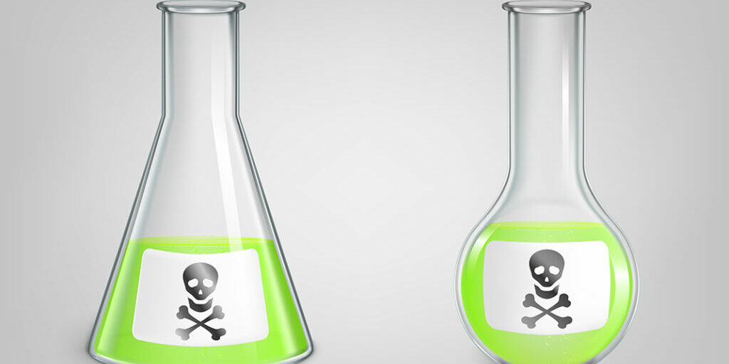 Flasks with poison and skull with bones danger sign on label set. Magic potion, chemical green toxic liquid in lab spherical and conical beakers with Jolly Roger icon. Realistic 3d vector illustration