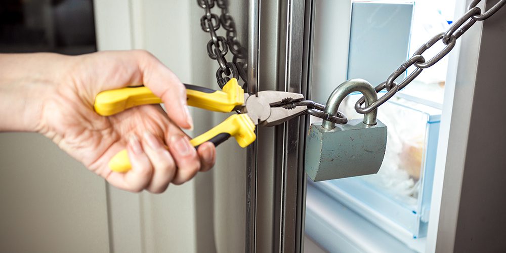 photo of woman cutting chain on fridge with pliers